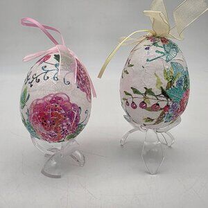 Handmade Floral Decoupage Hanging Eggs With Ribbons Easter Decor 3.5"